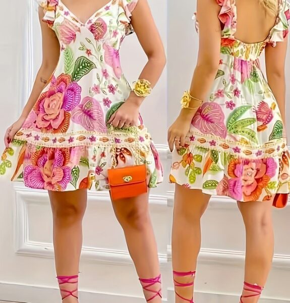 Vestido Floral Encantador – Decote em V Profundo