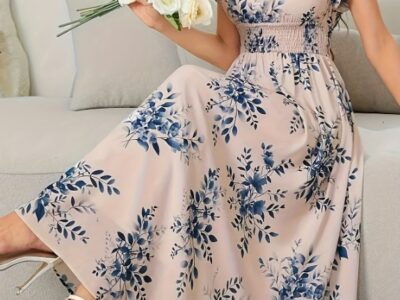 Vestido Maxi Floral Elegante – Estampa Bege e Azul