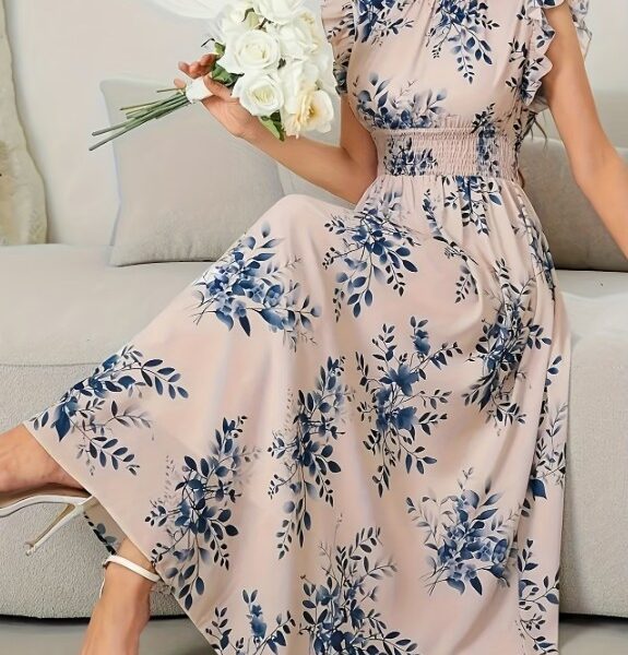Vestido Maxi Floral Elegante – Estampa Bege e Azul
