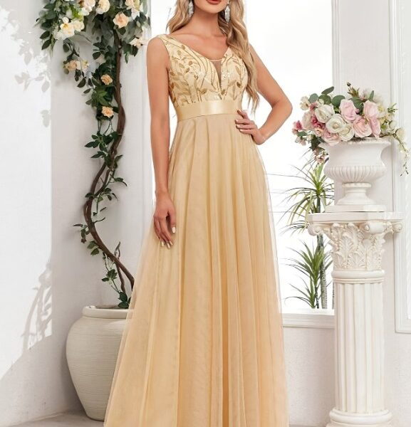 Vestido de Festa Luxo com Lantejoulas Douradas