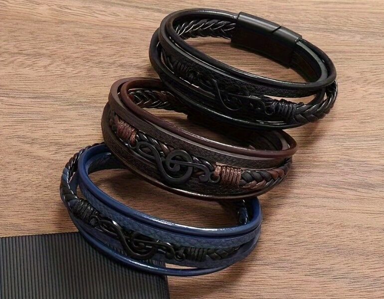 Pulseira Masculina Nota Musical – Design Retro em Camadas