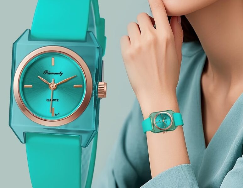 Relógio Feminino Quadrado Transparente Azul-Petróleo