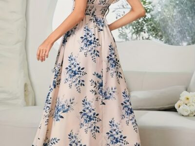 Vestido Maxi Floral Elegante – Estampa Bege e Azul
