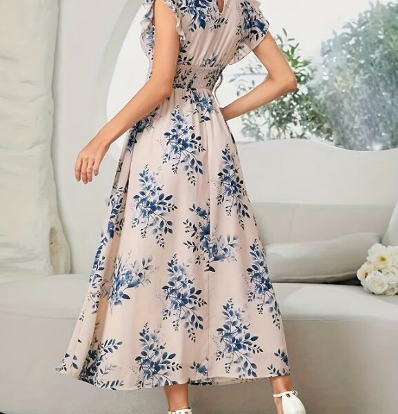 Vestido Maxi Floral Elegante – Estampa Bege e Azul