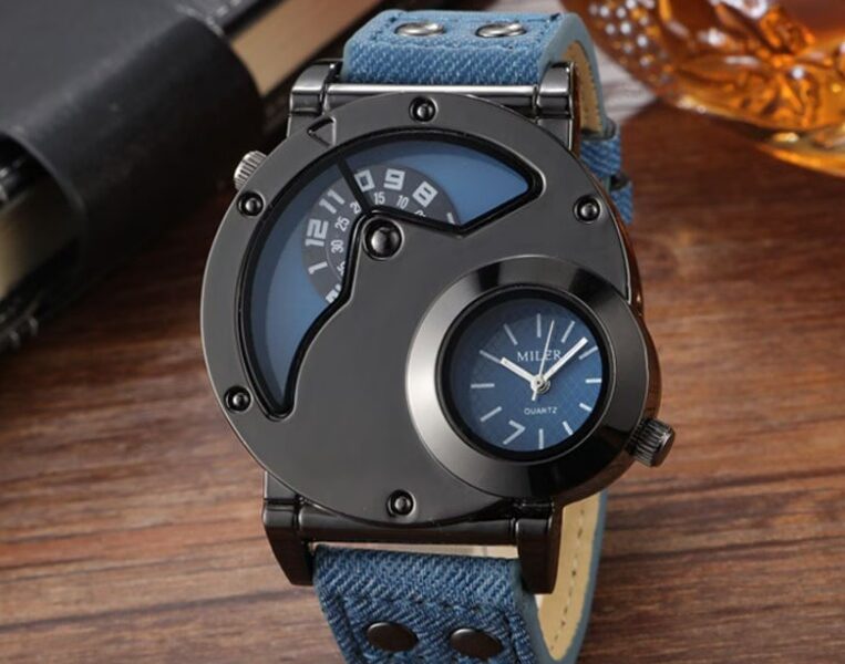 Relógio Masculino Dual Time Estilo Denim