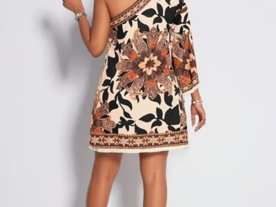 Vestido Curto Étnico de Um Ombro Só Floral