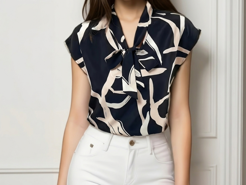 T-shirt Feminina Estampada com Gola Laço