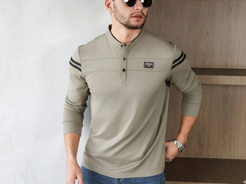 Polo de Manga Comprida Masculino – Gola Alta com Botões