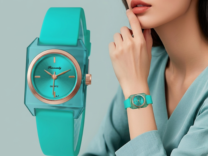 Relógio Feminino Quadrado Transparente Azul-Petróleo