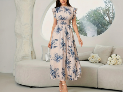 Vestido Maxi Floral Elegante – Estampa Bege e Azul