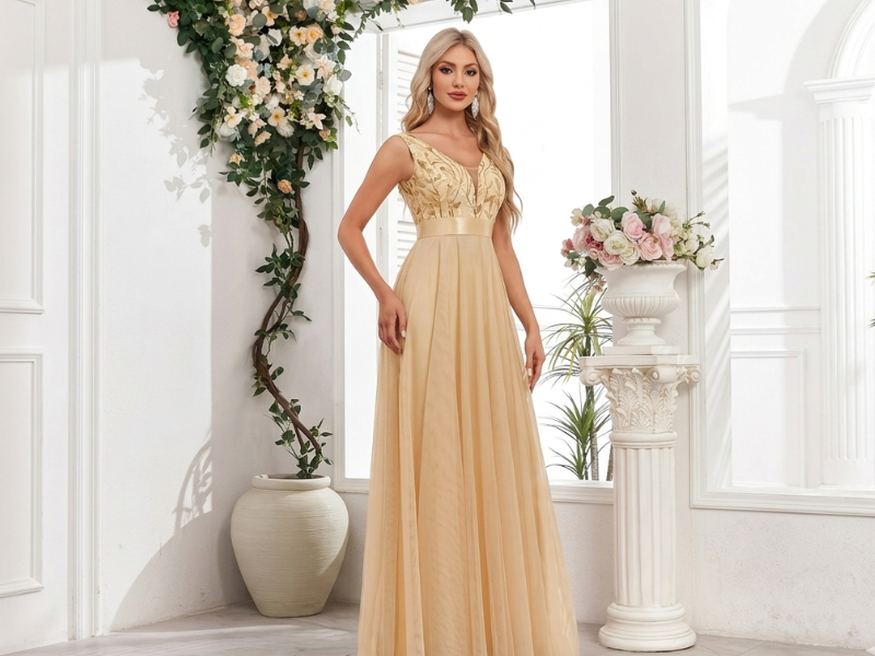 Vestido de Festa Luxo com Lantejoulas Douradas