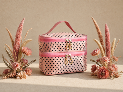 Organizador de Beleza Premium - Bolsa Dupla com Bolinhas Rosas