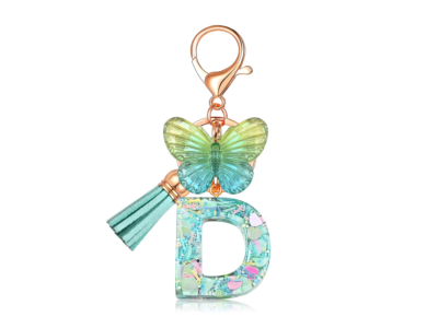 Chaveiro Letra D Resina Borboleta Verde com Tassel