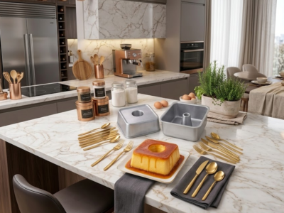 Kit Faqueiro Inox Dourado 24Pçs + Forma Pudim Quadrada