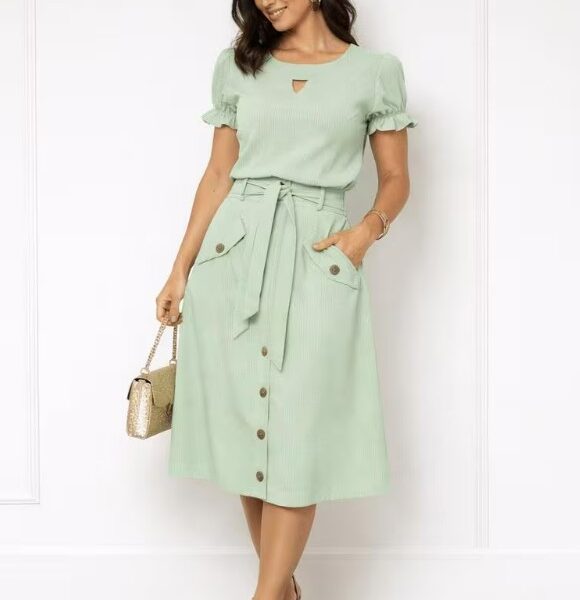 Conjunto Saia Midi E Blusa Linho Moda Feminina